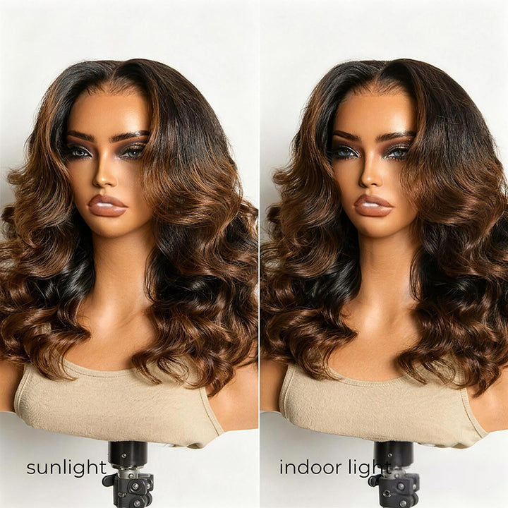 Ombre Brown Natural Loose Wave Glueless Wig Shoulder Length Wig Pre-Cut HD Lace Wig - AlloveHair