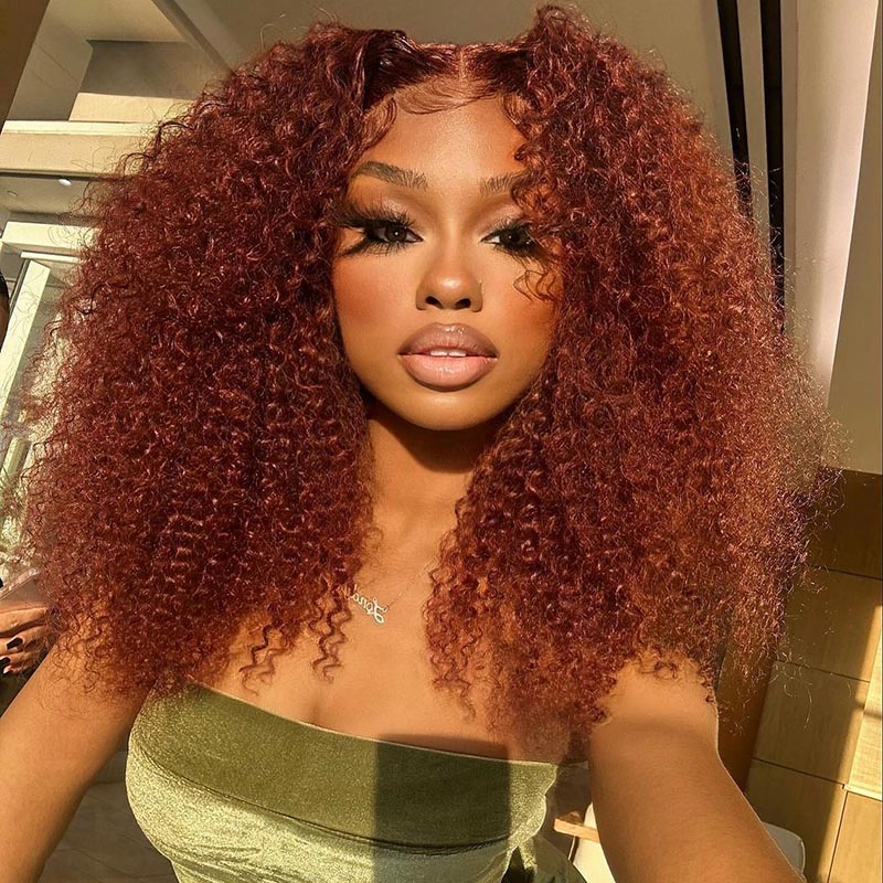 Allove Kinky Curly Reddish Brown Glueless Wig Pre Cut Lace Wear Go Wig