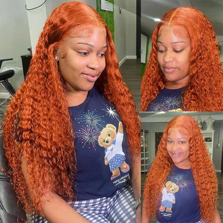 Allove Ginger Orange Color Curly 13x6x1 Lace Part Wigs Brazilian PrePlucked Transparent HD Wig For Women