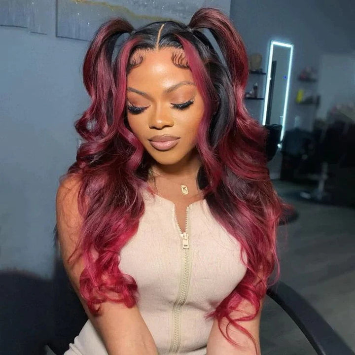 New Arrivals Dark Burgundy with Rose Red Highlights 13x4 Body Wave Glueless Lace Front Wig