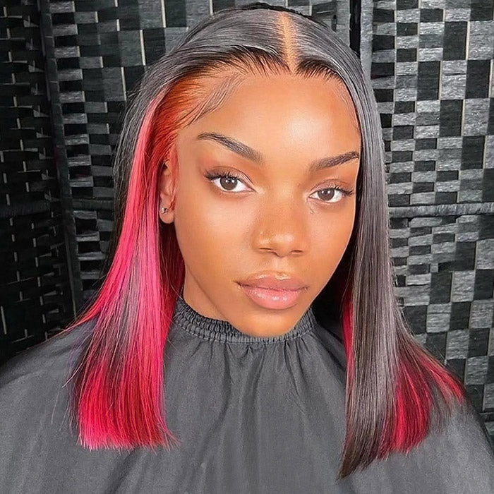 Peekaboo Red Hidden Color Short Bob Straight Hair 13x4 Glueless Lace Front Human Hair Wigs