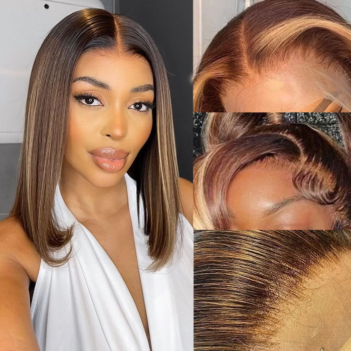 Highlight Straight Short Bob Wig Transparent 4x4 Lace Closure Human Hair Wigs Honey Blonde Ombre Highlight 13x4 Lace Front Wig
