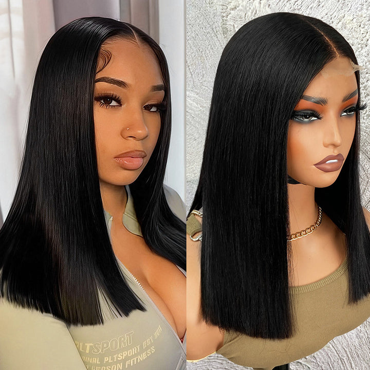 200% Density Silky Blunt Cut Glueless 2x6 Lace Closure Wig Shoulder Length Straight Hair Bob Wig