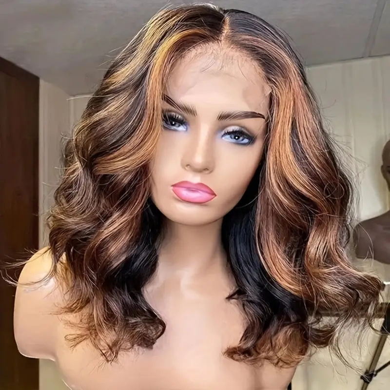 Allove Highlight Short Bob Body Wave Lace Part Wig Human Hair Wigs for Women