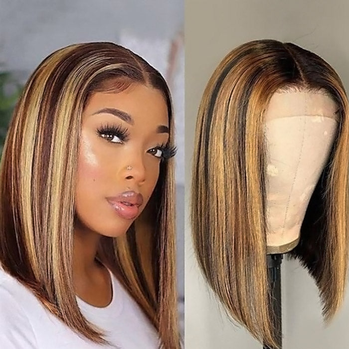 Highlight Straight Short Bob Wig Transparent 4x4 Lace Closure Human Hair Wigs Honey Blonde Ombre Highlight 13x4 Lace Front Wig