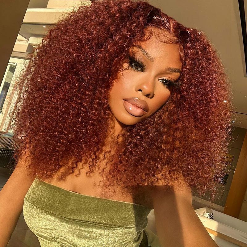 Allove Kinky Curly Reddish Brown Glueless Wig Pre Cut Lace Wear Go Wig