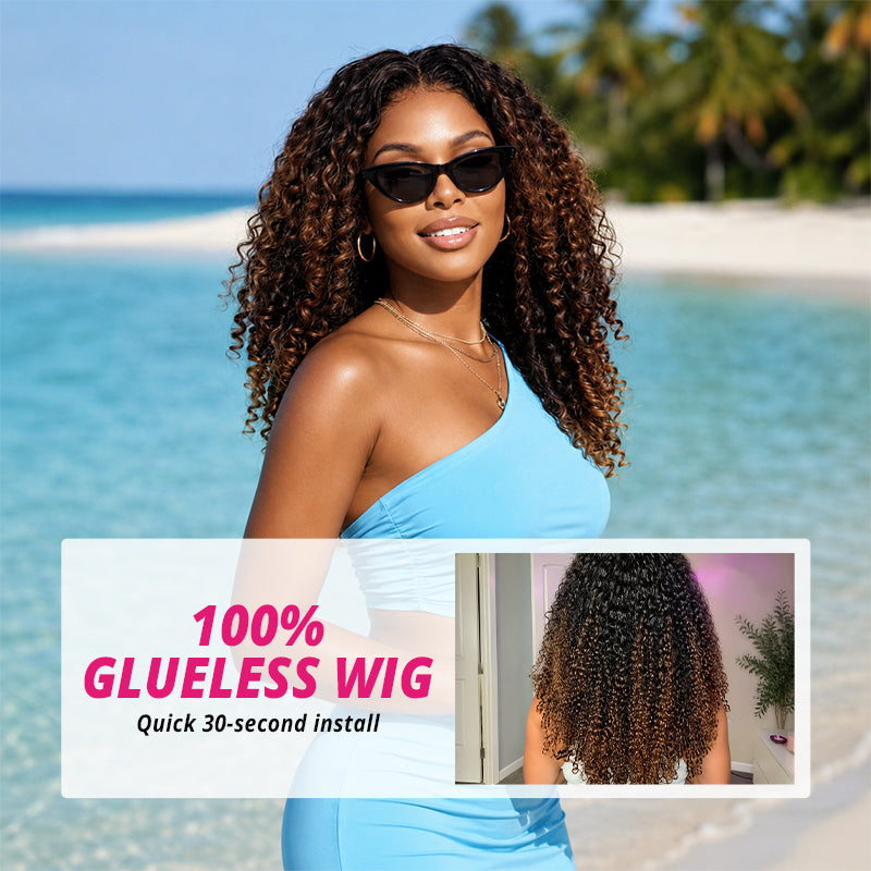 250% Density Black to Chestnut Brown Ombre Burmese Curly Glueless Wig With Finger Coil Ends All Day Comfort 100% Human Hair Wig