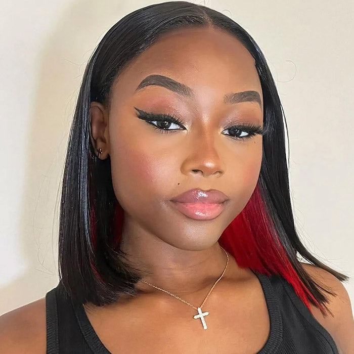 Peekaboo Red Hidden Color Short Bob Straight Hair 13x4 Glueless Lace Front Human Hair Wigs