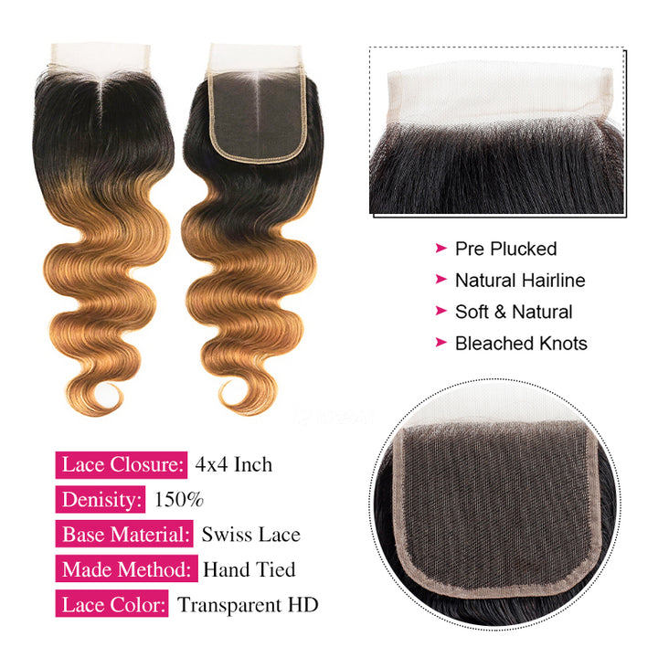 Ombre 1B/27 Body Wave 3 Bundles with 4x4 5x5 HD Lace Closure Pre Colored 100% Virgin Human Hair - AlloveHair