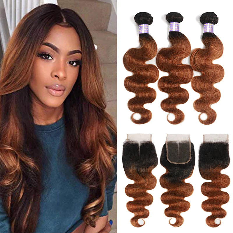 3 Bundles with Closure T1B/30 Color Body Wave Human Hair Bundles with 4x4 Lace Closure - AlloveHair