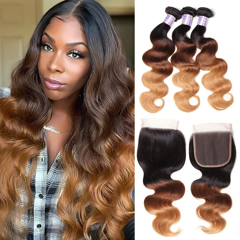 Ombre 1B/4/27 Body Wave Virgin Human Hair 3 Bundles with 4x4 5x5 HD Lace Closure - AlloveHair