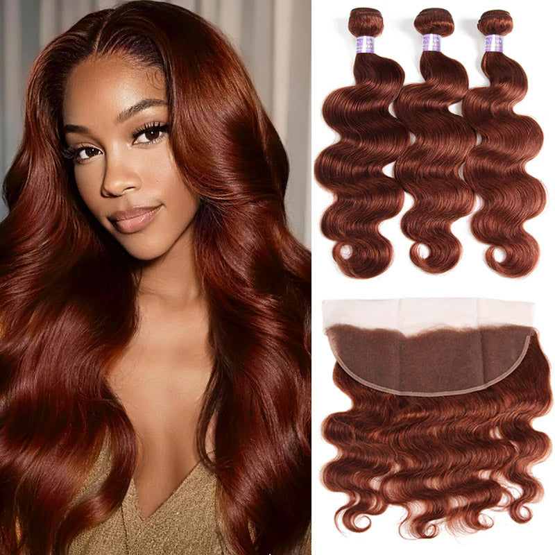 #33 Reddish Brown Bundles with 13x4 13x6 HD Lace Frontal 30 Inch Body Wave Human Hair Bundles - AlloveHair