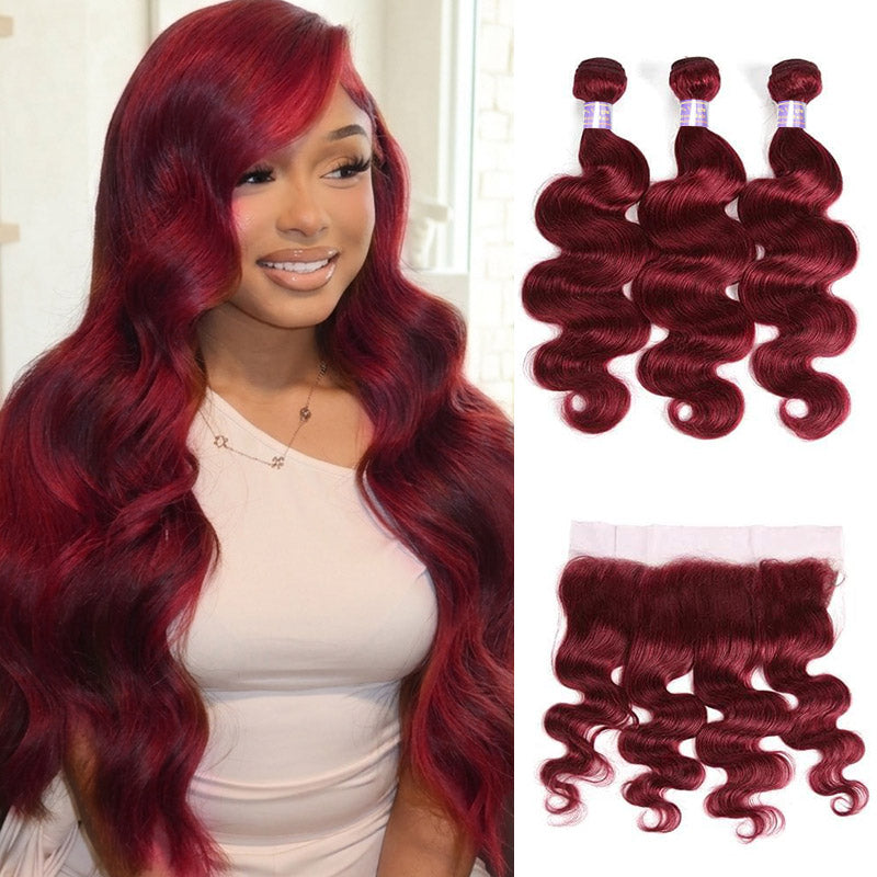 #99J Burgundy Body Wave Human Hair 3 Bundles With 13x4 13x6 HD Lace Frontal Colored Hair Weave Weft Extensions - AlloveHair