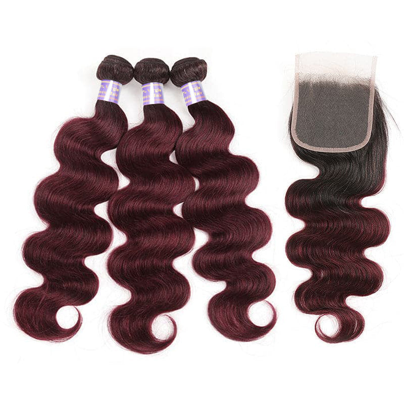 1B Dark Burgundy Body Wave Remy Human Hair 3 Bundles with 4x4 Lace Closure Deal - AlloveHair