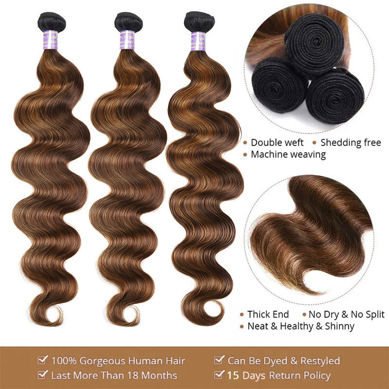 Allove Hair 4x4 Lace Closure With 3 Bundles Body Wave Human Hair #FB30 Brown Balayage Color - AlloveHair