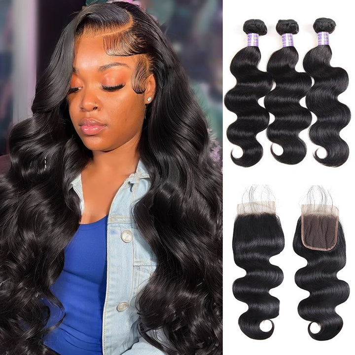 Allove Hair Brazilian Body Wave 3 Bundles with Lace Closure Human Hair
