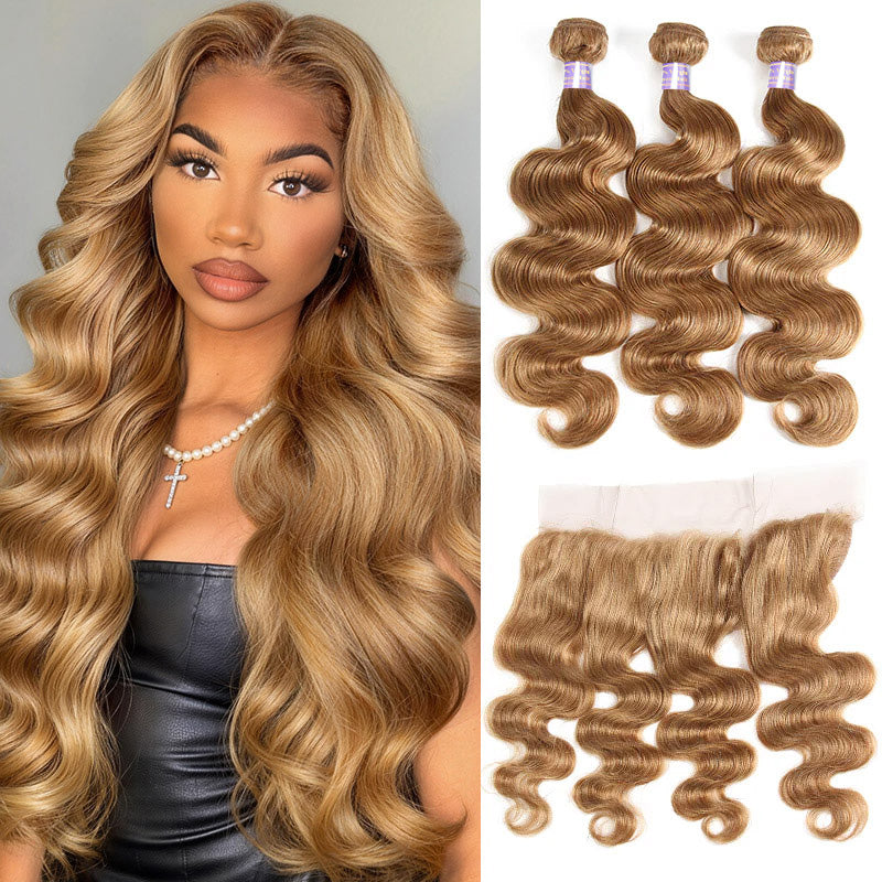 Honey Blonde Bundles Body Wave Hair Weave 3 Bundles with 13x4 13x6 HD Lace Frontal Color 27 Human Hair Bundles - AlloveHair
