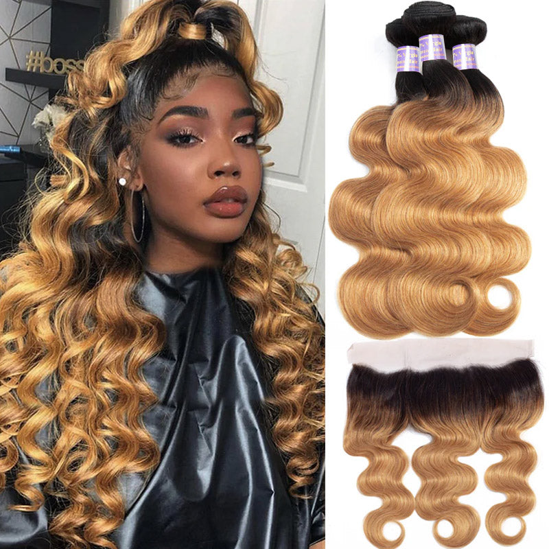 8-30 Inch Brazilian Hair Body Wave 3 Bundles With 13x4 13x6 Lace Frontal Closure Ombre 1B/27 Color - AlloveHair