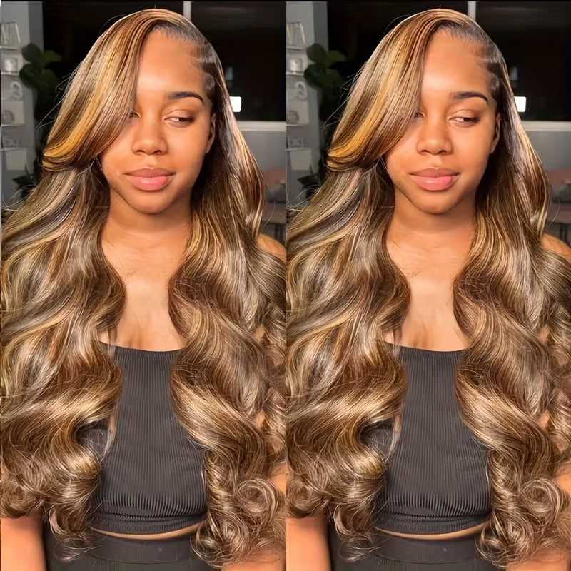 200% Density P4/27 Highlight Brown Colored Human Hair Wigs Skin Melt 13x6 Body Wave HD Lace Front Wigs