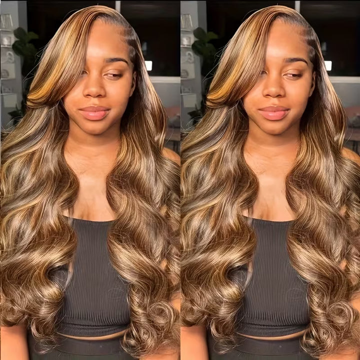200% Density P4/27 Highlight Brown Colored Human Hair Wigs Skin Melt 13x6 Body Wave HD Lace Front Wigs