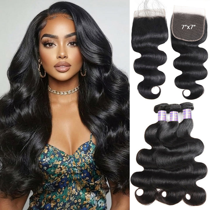 Body Wave Hair Bundles with Closure Brazilian Virgin Human Hair 3 Bundles with 7x7 HD Lace Closure - AlloveHair
