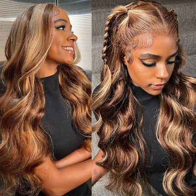 Pre Cut Lace Wig | Highlight Brown 4x4 Wear Go Glueless Body Wave Wigs 180% Density