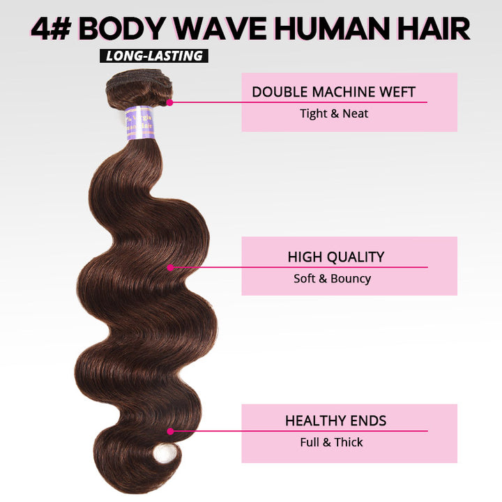 #4 Brown Bundles with Closure Body Wave Human Hair Bundles with 2x6 Lace Closure Sew In Weave Hair Extensions