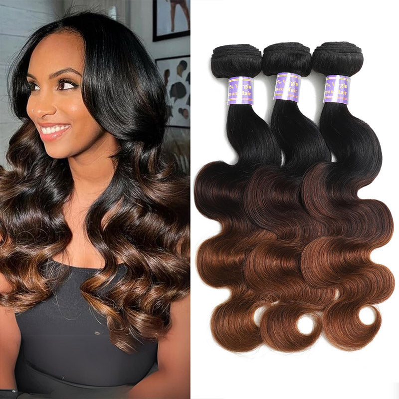 T1B/2/30 Chestnut Brown 3 Tone Ombre Color Body Wave Human Hair 3 4 Bundles Colored Sew in Quick Weaves - AlloveHair