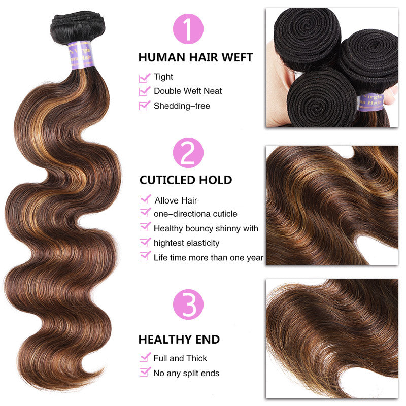 Highlight #FB30 Body Wave Hair 4 Bundles With 4x4 Transparent Lace Closure