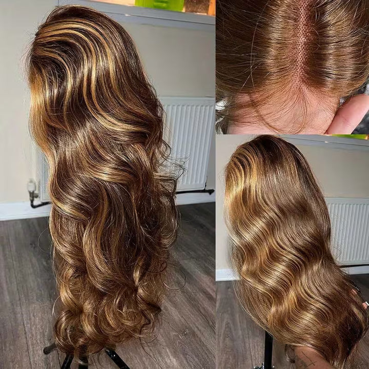200% Density P4/27 Highlight Brown Colored Human Hair Wigs Skin Melt 13x6 Body Wave HD Lace Front Wigs