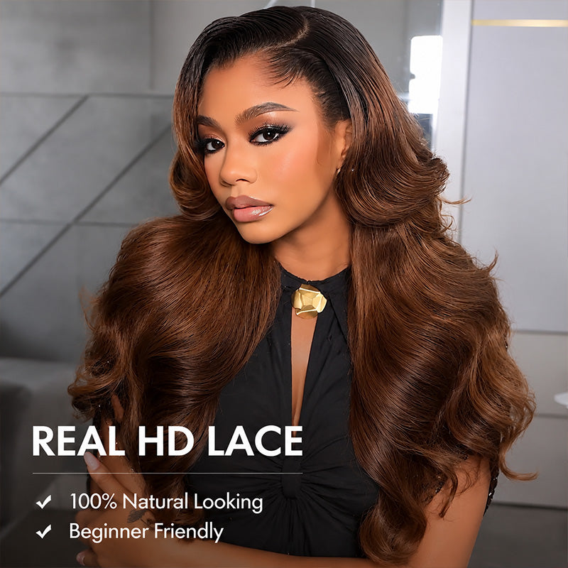 1B/4 Ombre Brown With Dark Roots Body Wave Glueless Wig 200% Density 13x4 13x6 Pre-Cut Lace Human Hair Wigs - AlloveHair