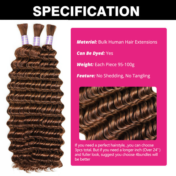 #30 Light Brown Bulk Human Hair For Braiding No Weft Deep Wave Human Hair Bundles For Black Women - AlloveHair