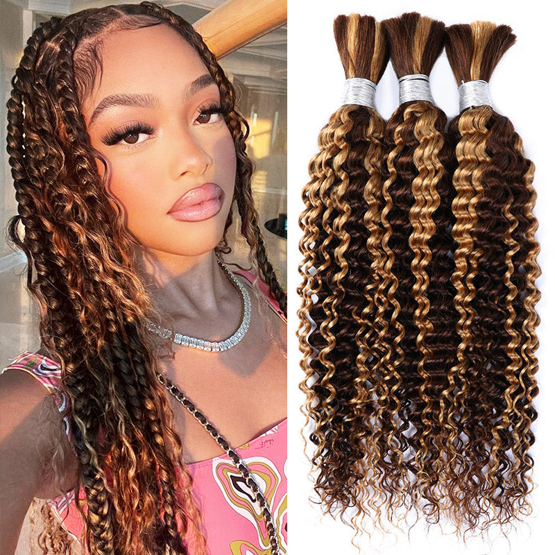 Boho Braids Deep Wave Bulk Human Hair For Braiding Highlight P4/27 Honey Blonde Color