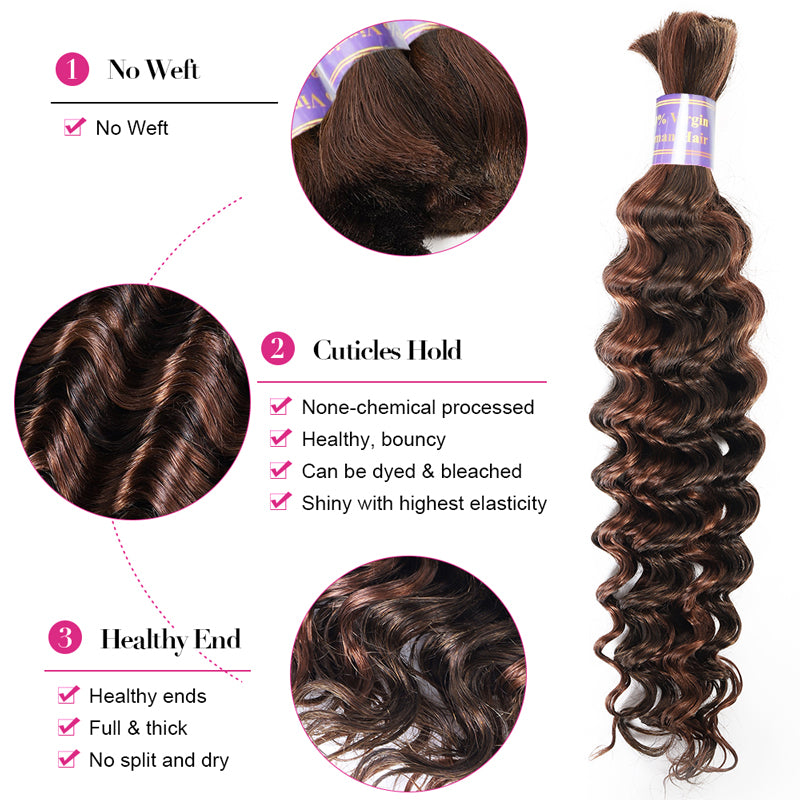 Allove #4 30 Ombre Brown Bulk Human Hair For Boho Brading Deep Wave Human Hair Bundles No Weft Hair Extensions