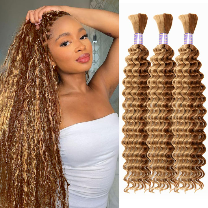Allove P27/30 Human Braiding Hair for Boho Braids 28 Inch 100g Deep Wave Bundles No Weft for Braiding Knotless Deep Curly Bulk Hair Extensions - AlloveHair