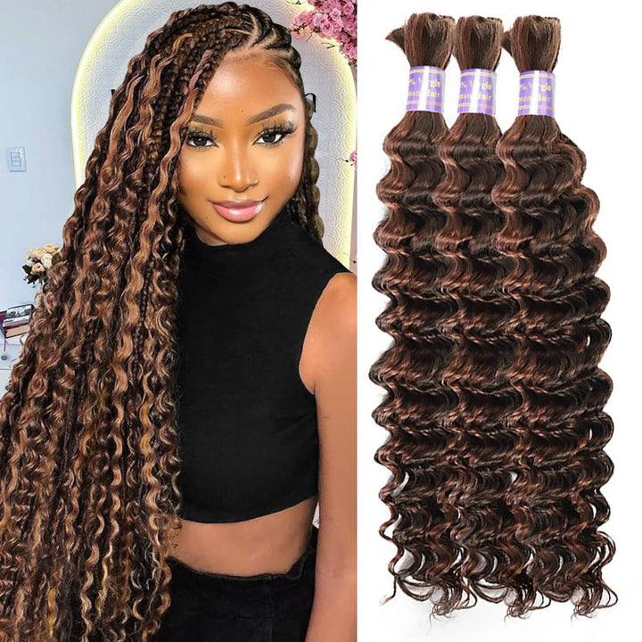 Allove #4 30 Ombre Brown Bulk Human Hair For Boho Brading Deep Wave Human Hair Bundles No Weft Hair Extensions