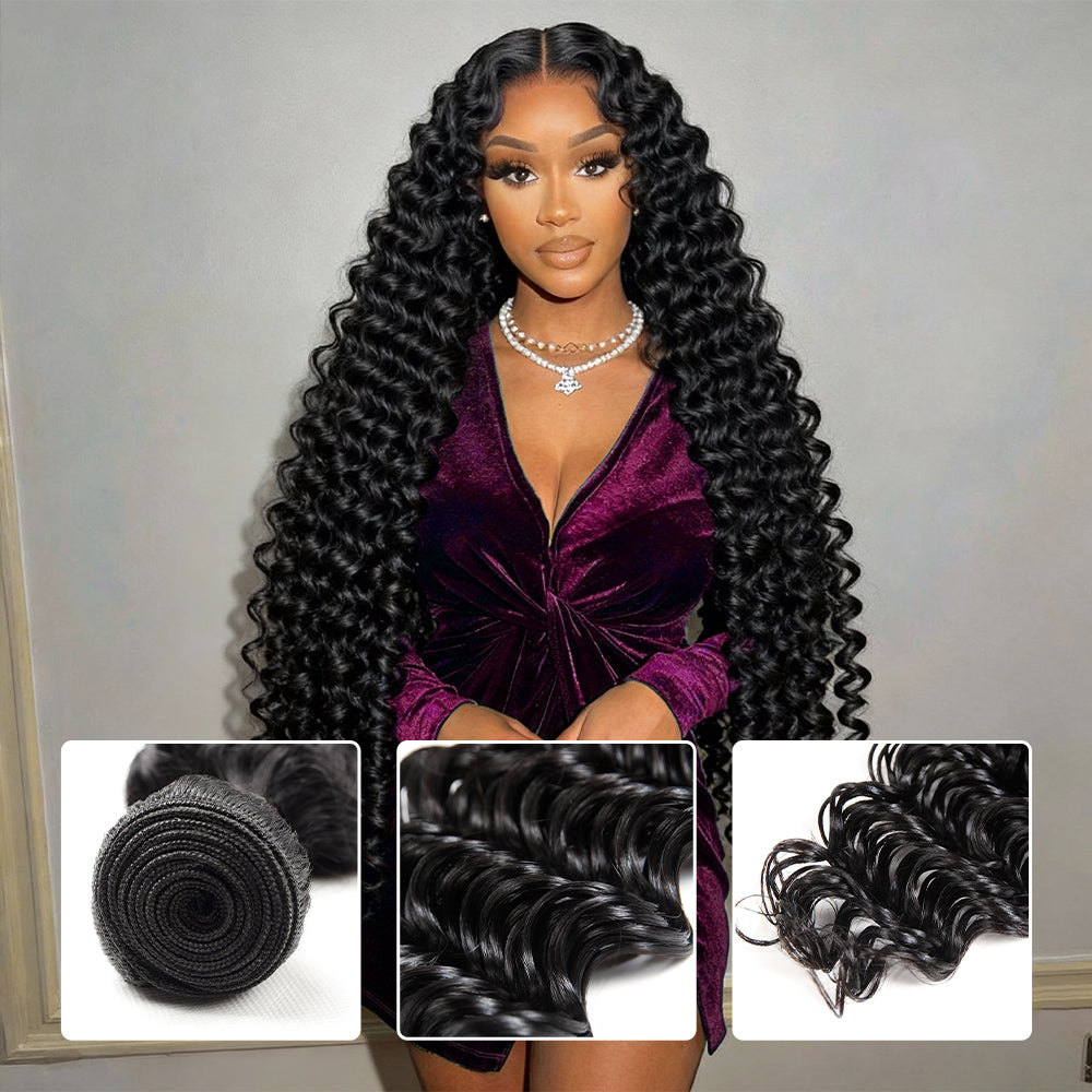 Bouncy & Defined Deep Wave Bundles 30-38 Inch Long-Lasting Deep Curly Human Hair Extensions - AlloveHair