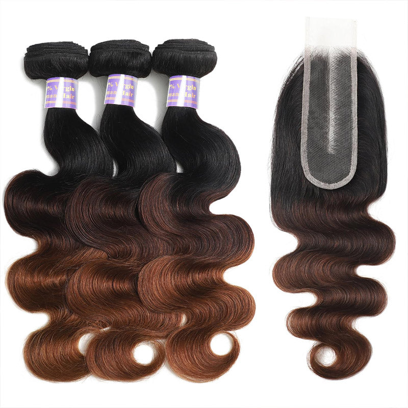 1B/2/30 Ombre Body Wave Human Hair Bundles With Closure Chestnut Brown 3 Bundles with 2x6 HD Lace Closure Deep Parting - AlloveHair