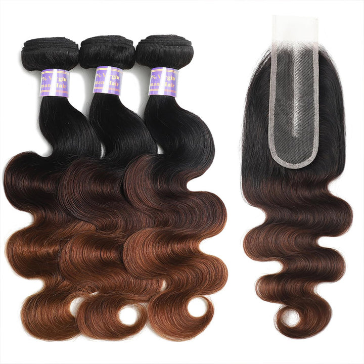 1B/2/30 Ombre Body Wave Human Hair Bundles With Closure Chestnut Brown 3 Bundles with 2x6 HD Lace Closure Deep Parting - AlloveHair