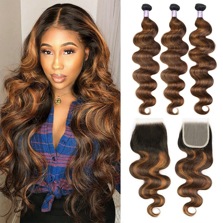 Allove Hair 4x4 Lace Closure With 3 Bundles Body Wave Human Hair #FB30 Brown Balayage Color - AlloveHair