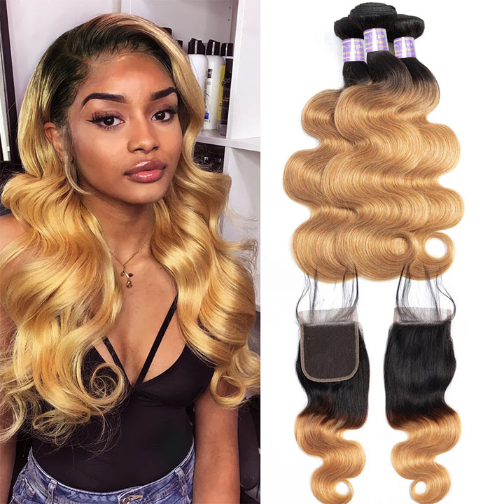 Ombre 1B/27 Body Wave 3 Bundles with 4x4 5x5 HD Lace Closure Pre Colored 100% Virgin Human Hair - AlloveHair