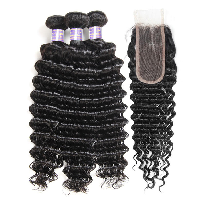 HD Lace Closure With Bundles Brazilian Deep Wave 3 Bundles With 2x6 Lace Closure 100% Human Hair - AlloveHair