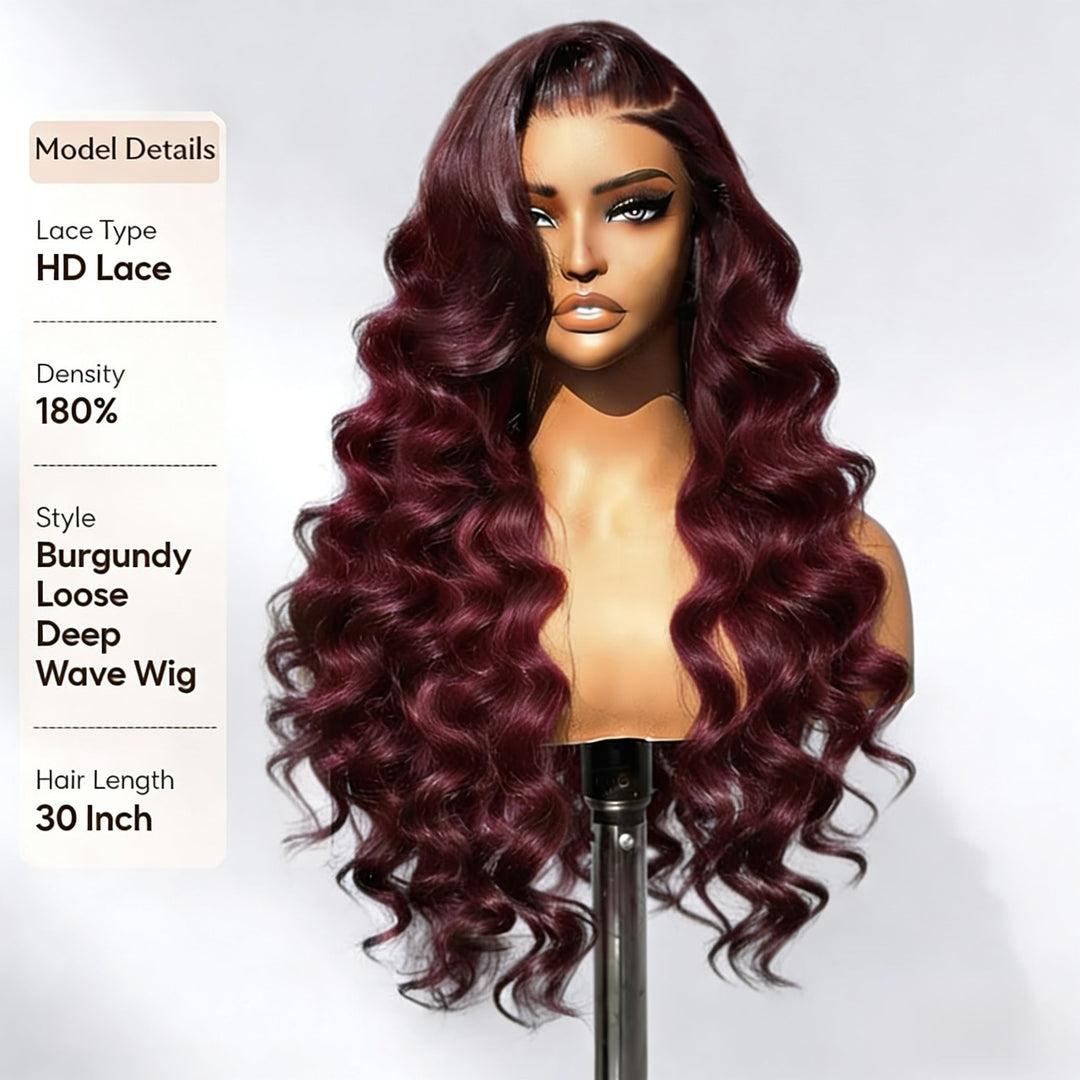 32 Inch 200 Density 99J Burgundy 13x6 Lace Front Wigs Loose Deep Wave Ready To Wear Colored Glueless Wigs