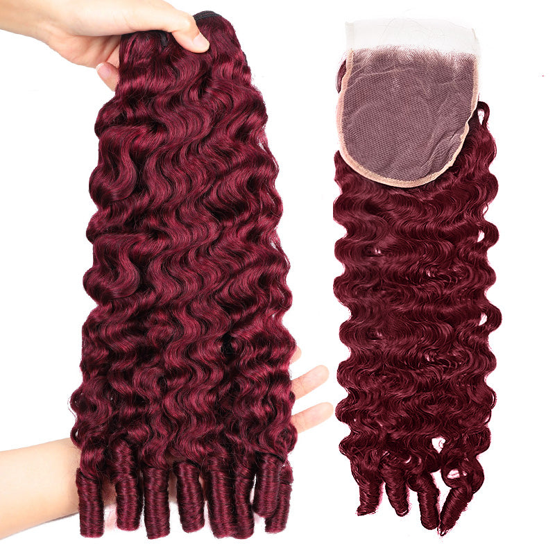 Premium #99J Burgundy Colored Burmese Curly Hair 3 Bundles with 4x4 Lace Closure Deal Red Human Hair Weave