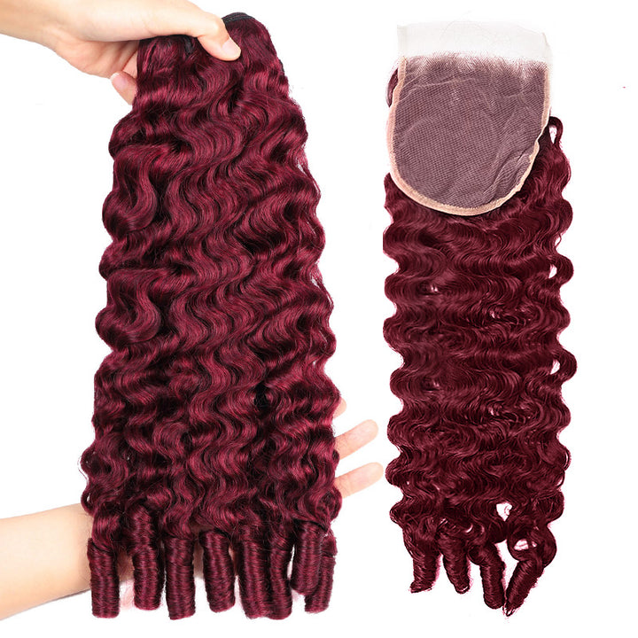 Premium #99J Burgundy Colored Burmese Curly Hair 3 Bundles with 4x4 Lace Closure Deal Red Human Hair Weave