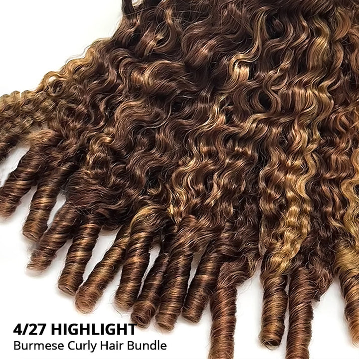4/27 Highlight Burmese Curly Hair Bundles 100% Human Hair Extension for Sew in