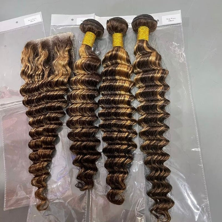 Allove P4/27 Highlight Human Hair 3 Bundles Loose Deep Wave Hair With 4x4 Transprent Lace Closure