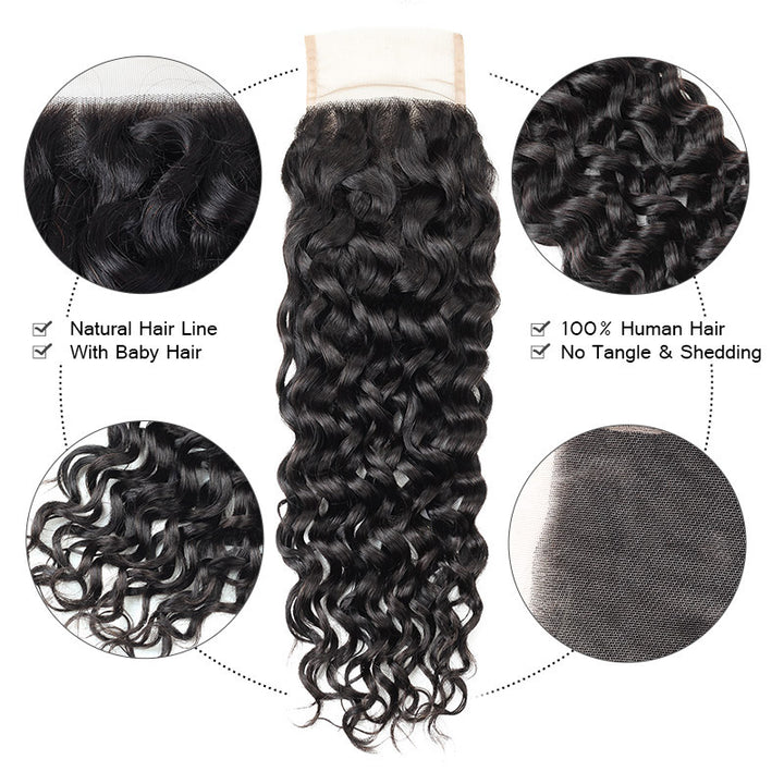 Allove Hair Water Wave Human Hair Ocean Wave 3 Bundles With 5*5 Transparent Lace Closure