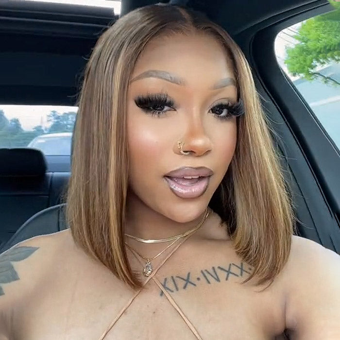 Highlight Straight Short Bob Wig Transparent 4x4 Lace Closure Human Hair Wigs Honey Blonde Ombre Highlight 13x4 Lace Front Wig