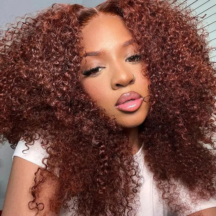 Allove Kinky Curly Reddish Brown Glueless Wig Pre Cut Lace Wear Go Wig
